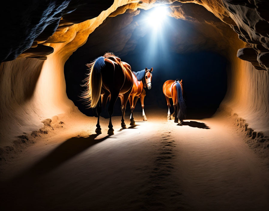 Three horses in sandy cave under sunlight beam