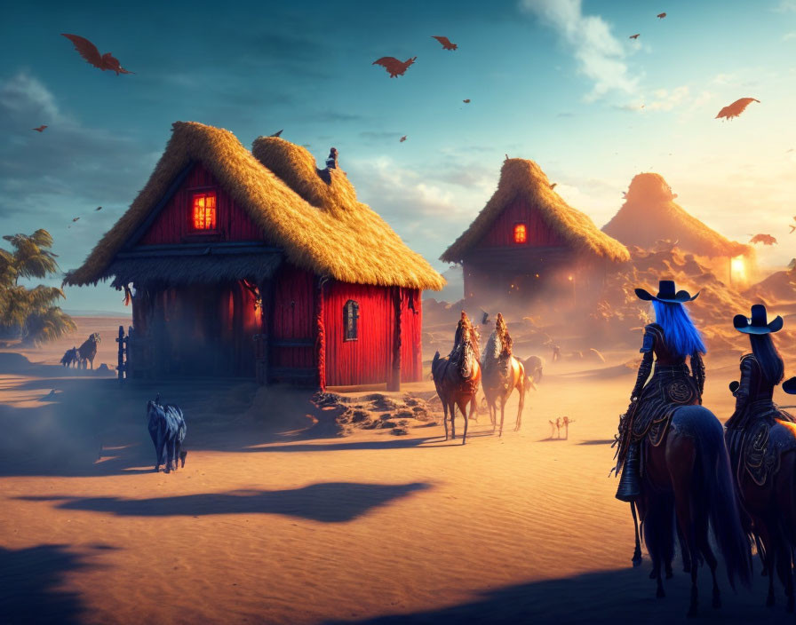 Riders near thatched-roof cottages in tranquil desert with flying birds