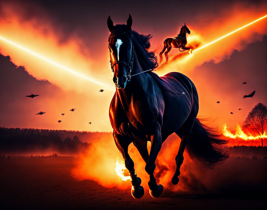 Black horse galloping with rider and light beam in fiery scene