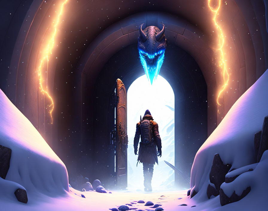 Figure in heavy winter clothing near glowing, mystical gateway with blue, horned creature silhouette.