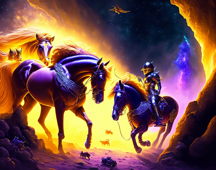 Illustration: Armored horses with rider, cave emergence, starry night, dragon.