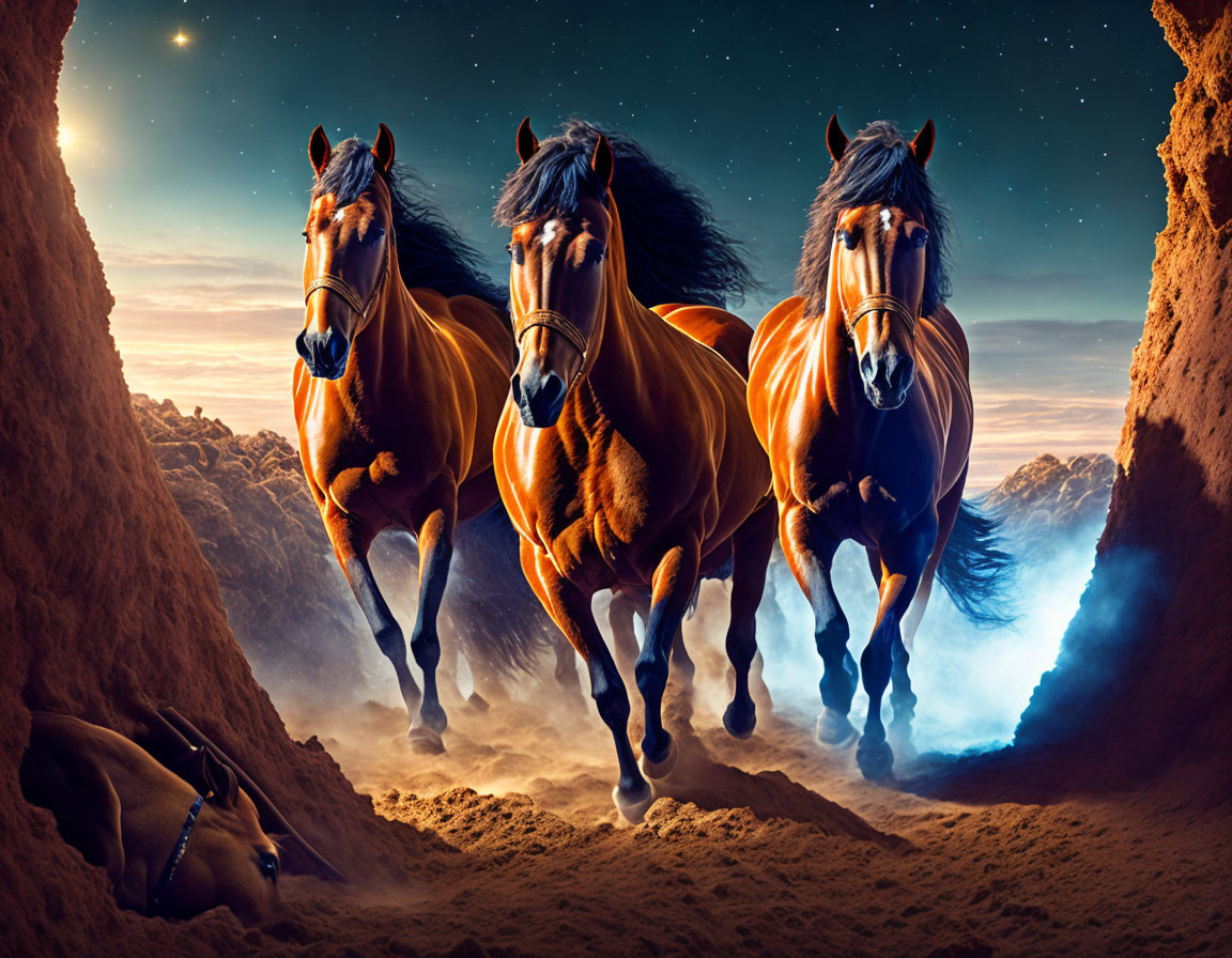 Majestic horses galloping in rocky desert landscape