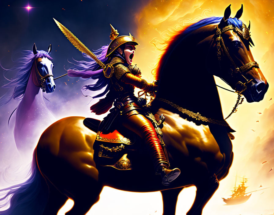 Fantasy knight in purple armor on black horse with fiery mane, wielding lance, in cosmic scene