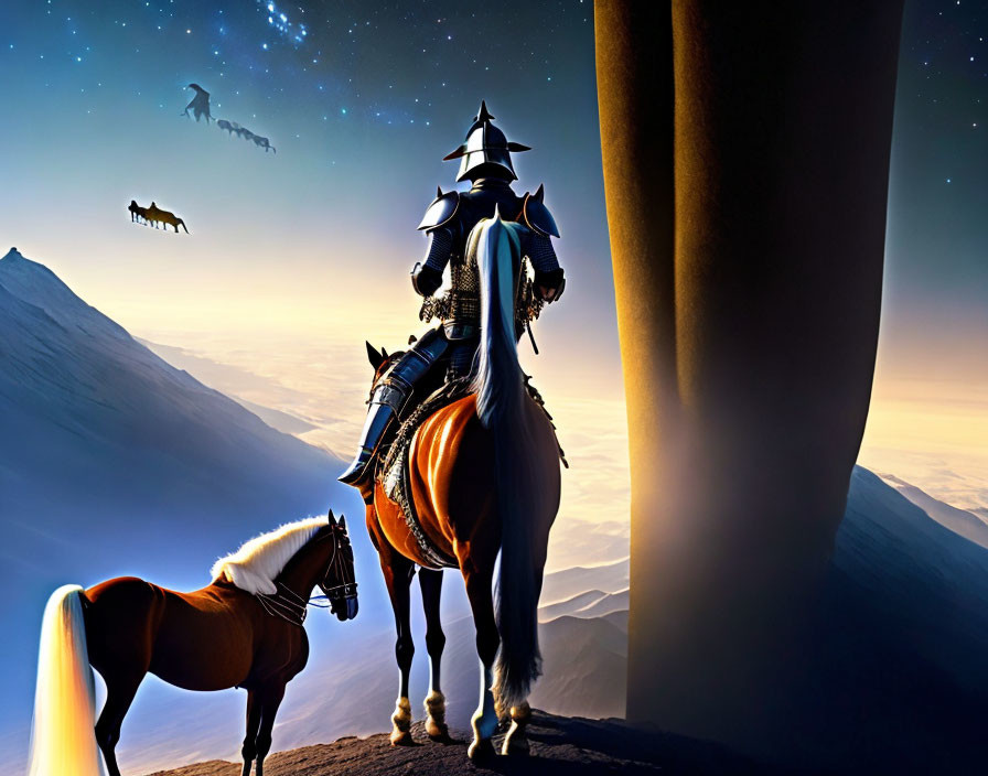 Armored knight gazes at flying ship from cliff with horse, mountains, twilight sky