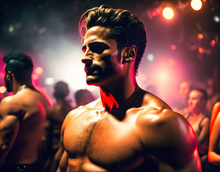 Muscular man in club with colorful lights and crowd.