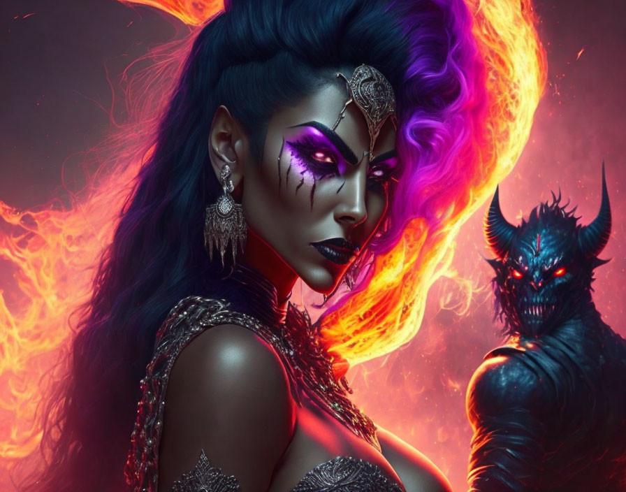 Fantasy image of fierce woman with elaborate makeup and headdress, accompanied by blue creature in fiery backdrop