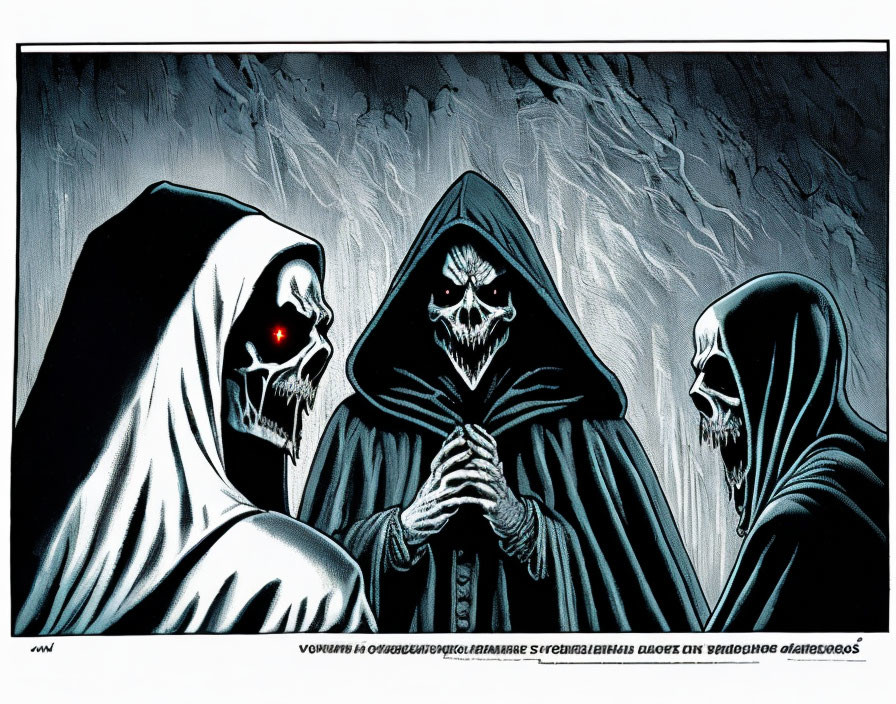 Three cloaked skeletal figures with glowing red eyes in a foreboding scene