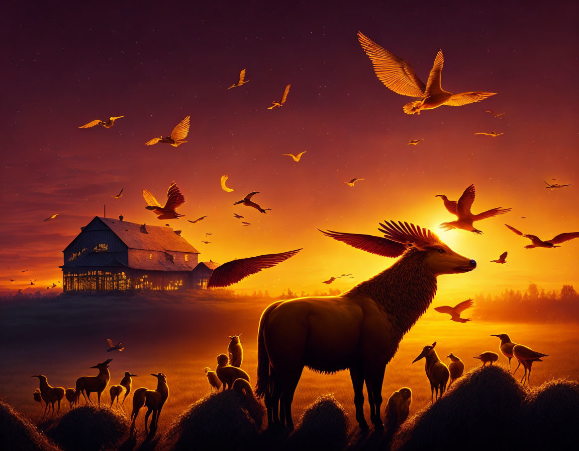 Surreal sunset with flying birds, animal silhouettes, elk with tree-like antlers,