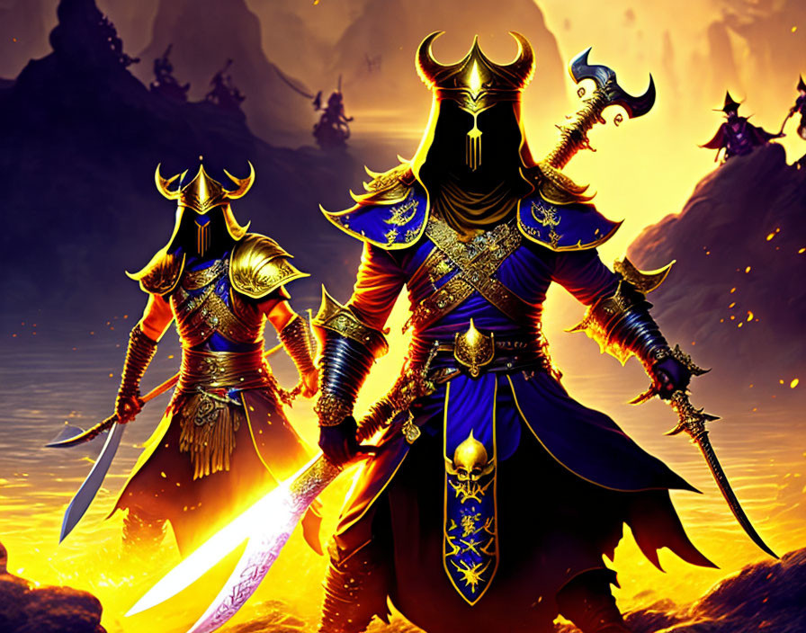 Armored fantasy warriors with glowing swords in fiery backdrop