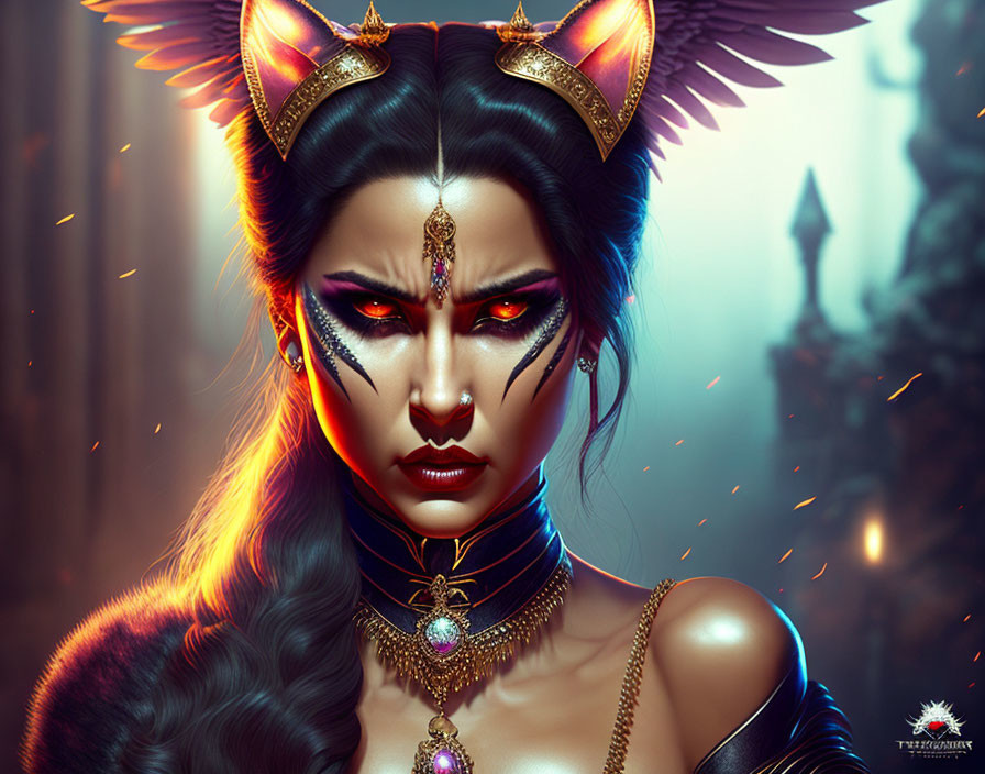 Fantasy portrait of woman with feline features in mystical forest