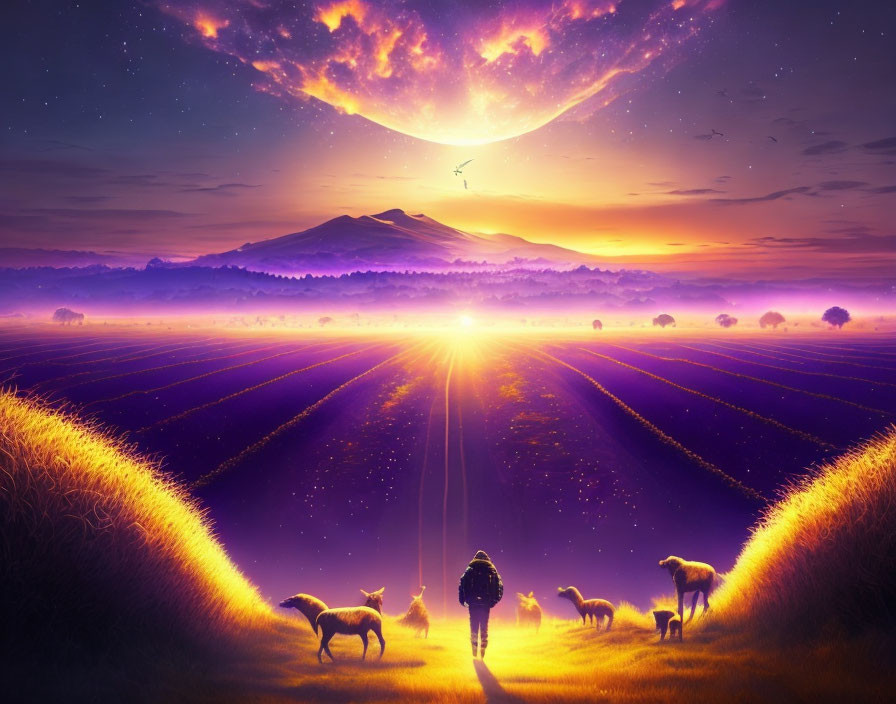 Surreal purple landscape with radiant sun, figures, and crescent moon