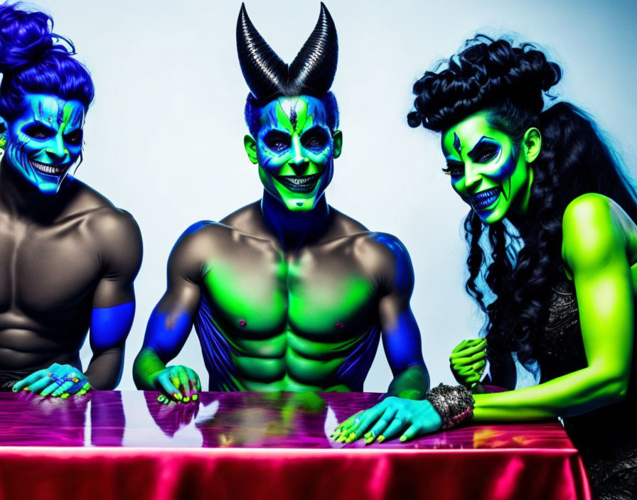 Vibrant fluorescent body paint on three people against blue backdrop