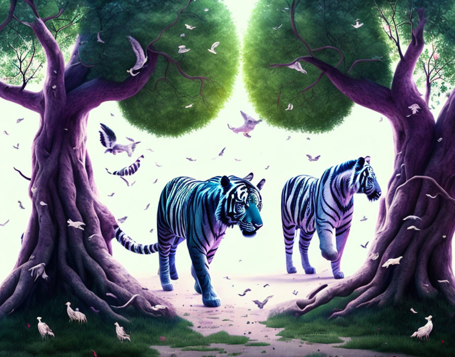 White tigers with black stripes in mystical forest with purple trees and white birds.