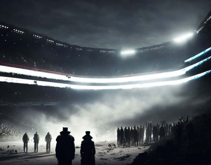 Crowd in Dimly Lit Stadium with Fog and Bright Lights