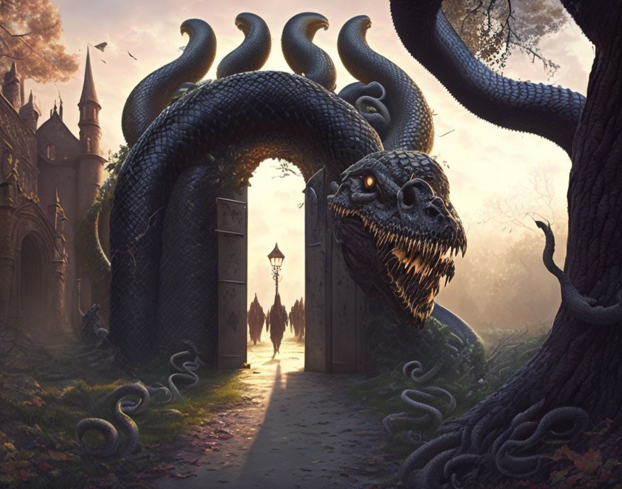 Majestic dragon with serpentine necks at enchanted castle gate