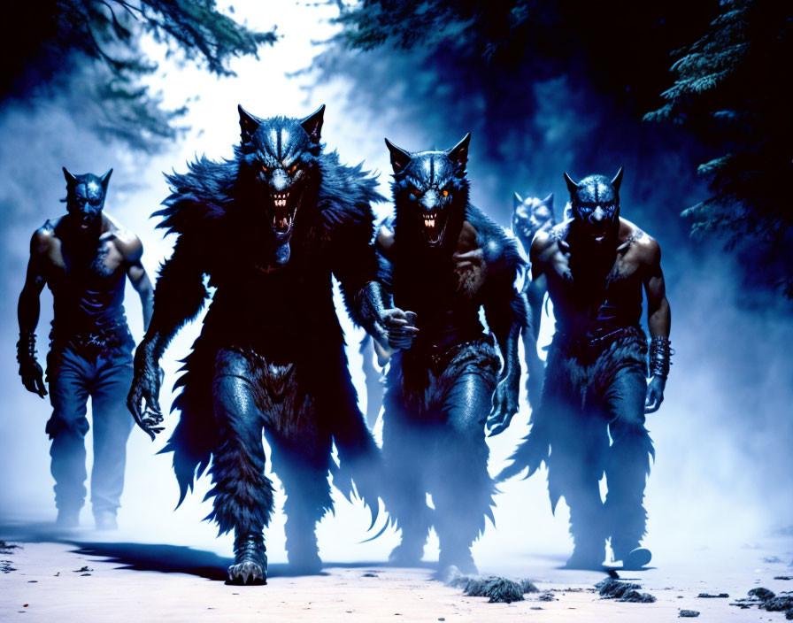 Menacing werewolf-like creatures in misty woods with glowing eyes.