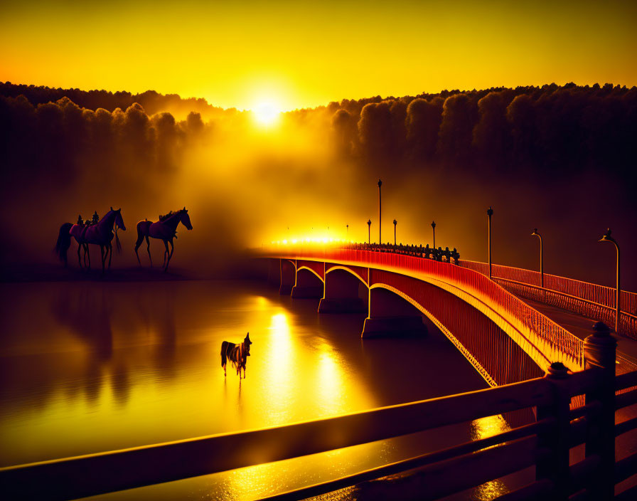 Tranquil sunset over misty river with silhouettes of people and horses.