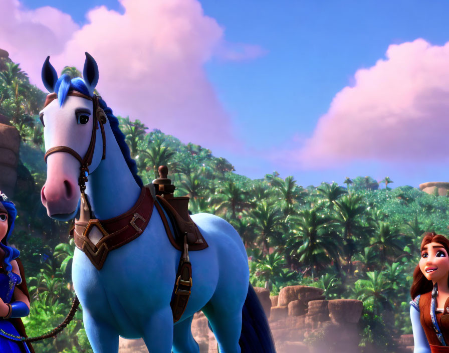 Colorful animated scene: Blue horse, two females in tropical setting