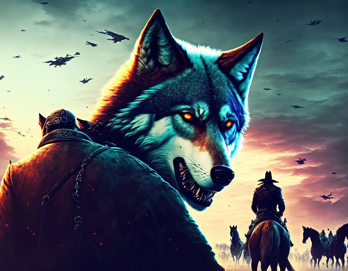 Digital Artwork: Wolf head, cowboy, horses, sunset sky, flying birds