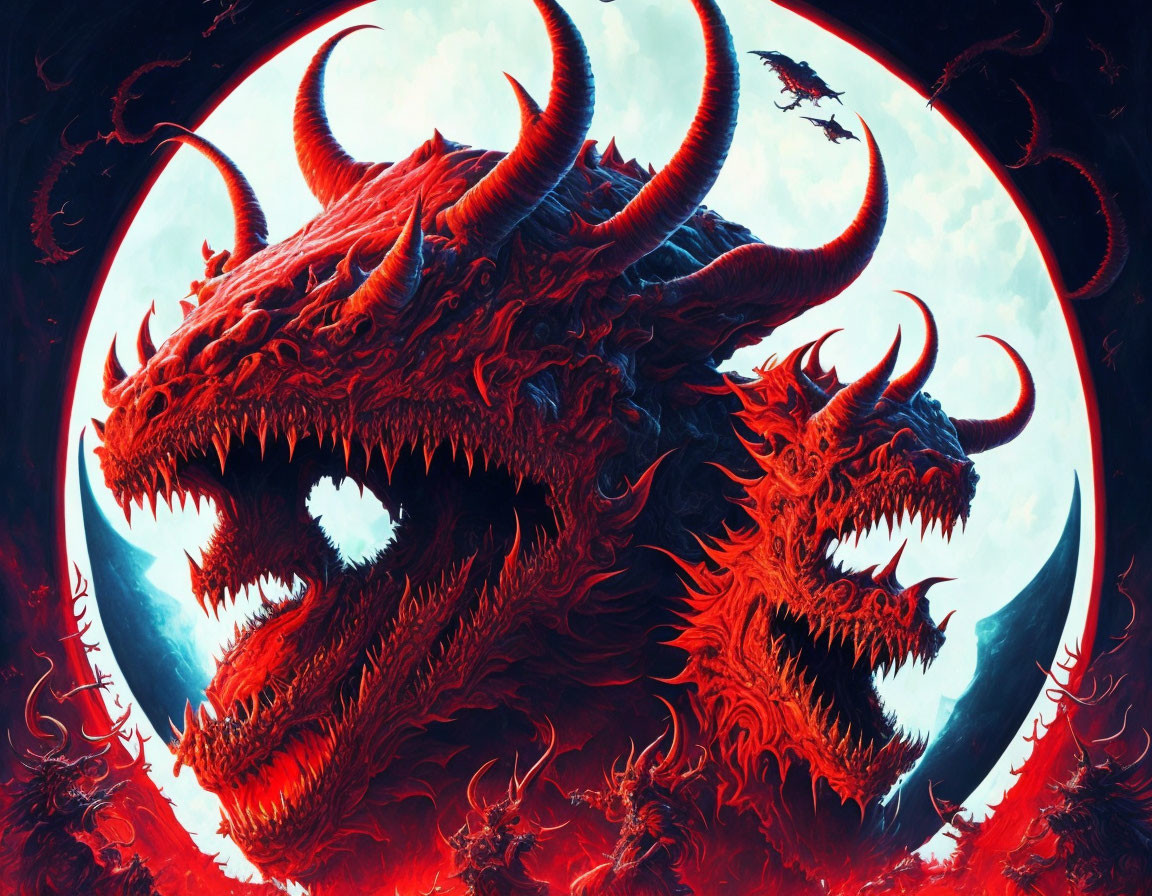 Fantastical red dragon heads under full moon in vivid artwork