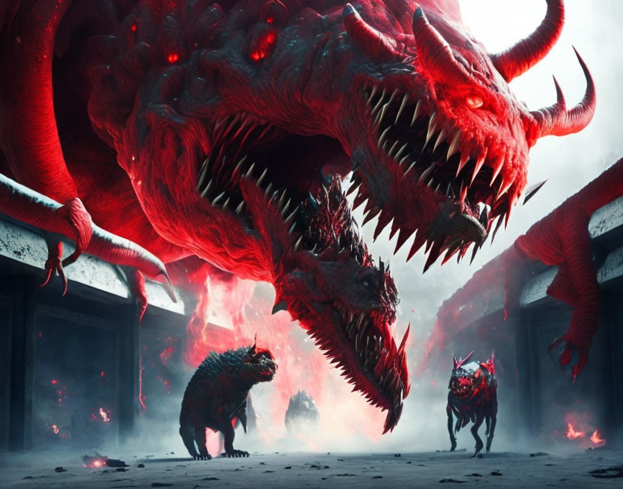 Red Dragon Roaring Among Ruins with Multiple Eyes and Horns