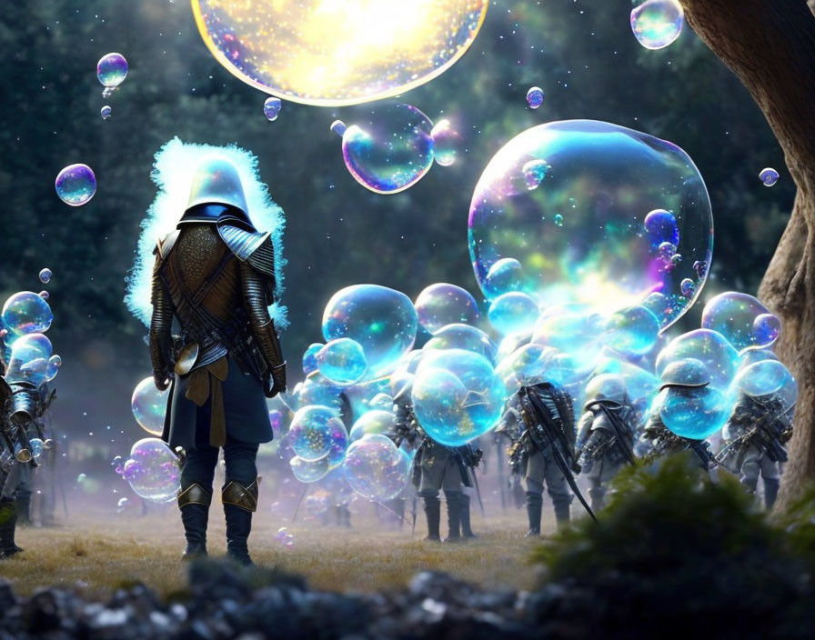 Medieval armor-clad figure in forest observes iridescent bubbles among group.