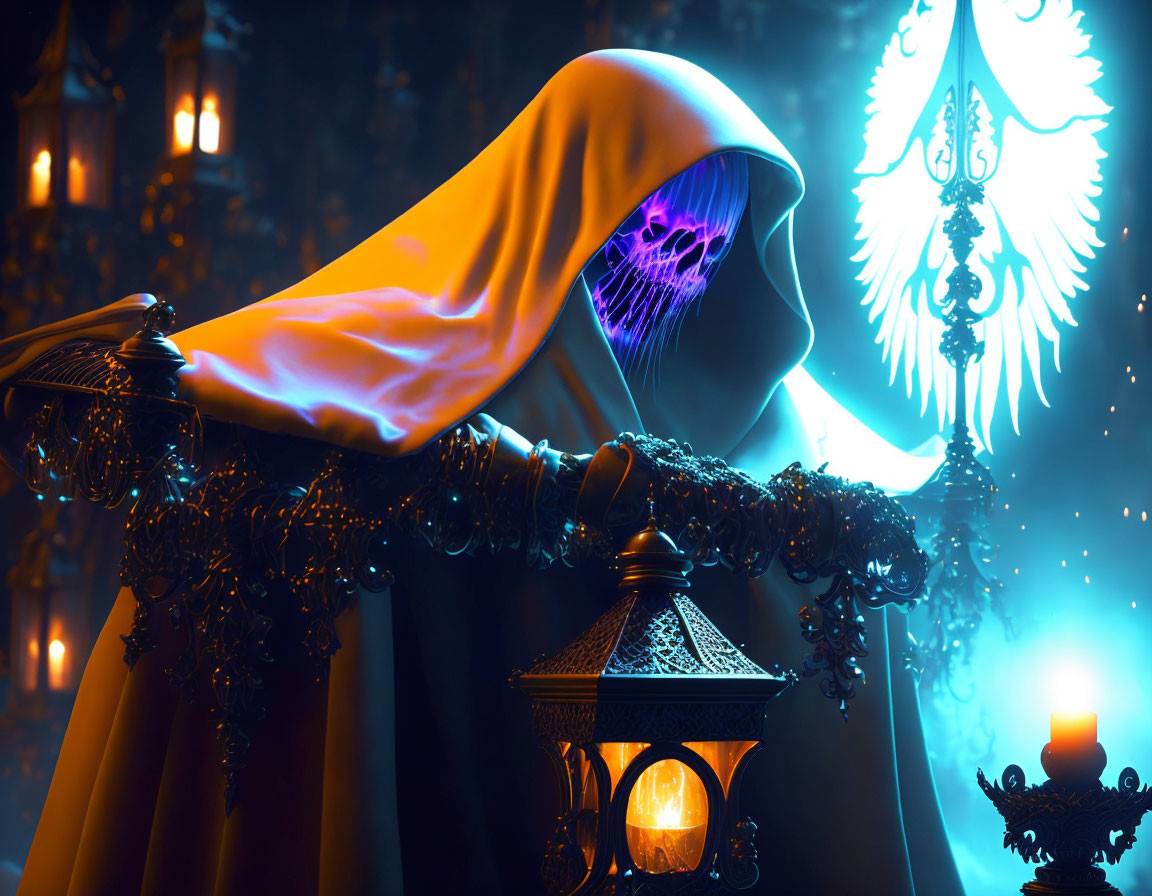 Glowing skull-faced figure in hooded cloak with lantern in mystical blue-lit setting