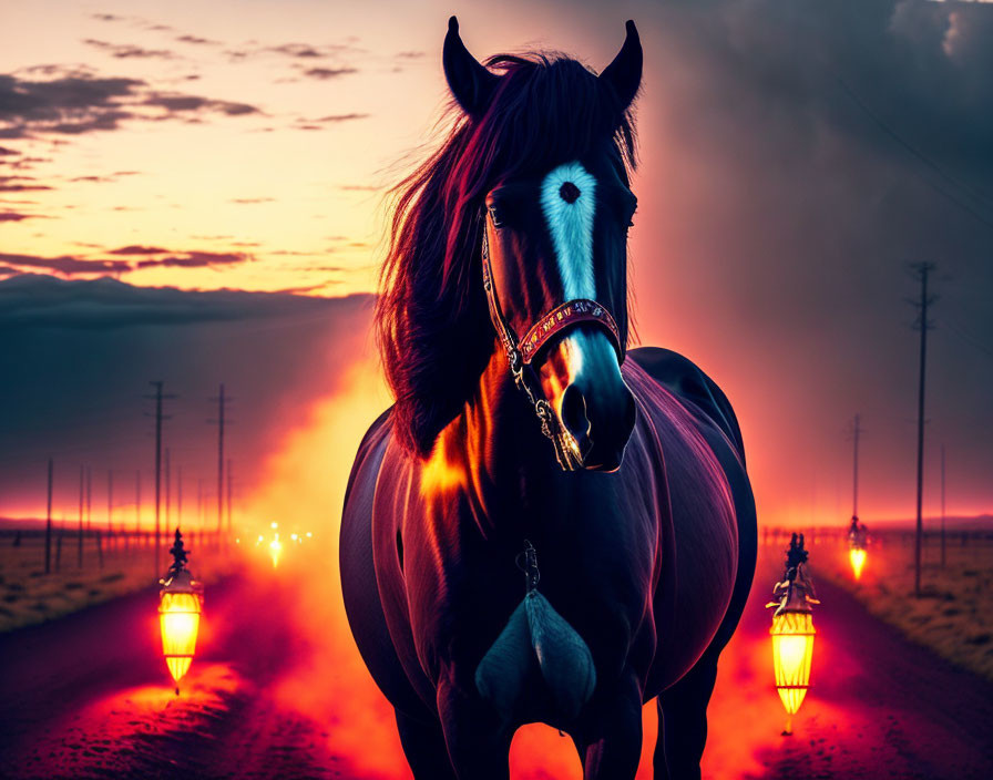 Majestic Black Horse with Striking Blue Eyes on Road at Twilight