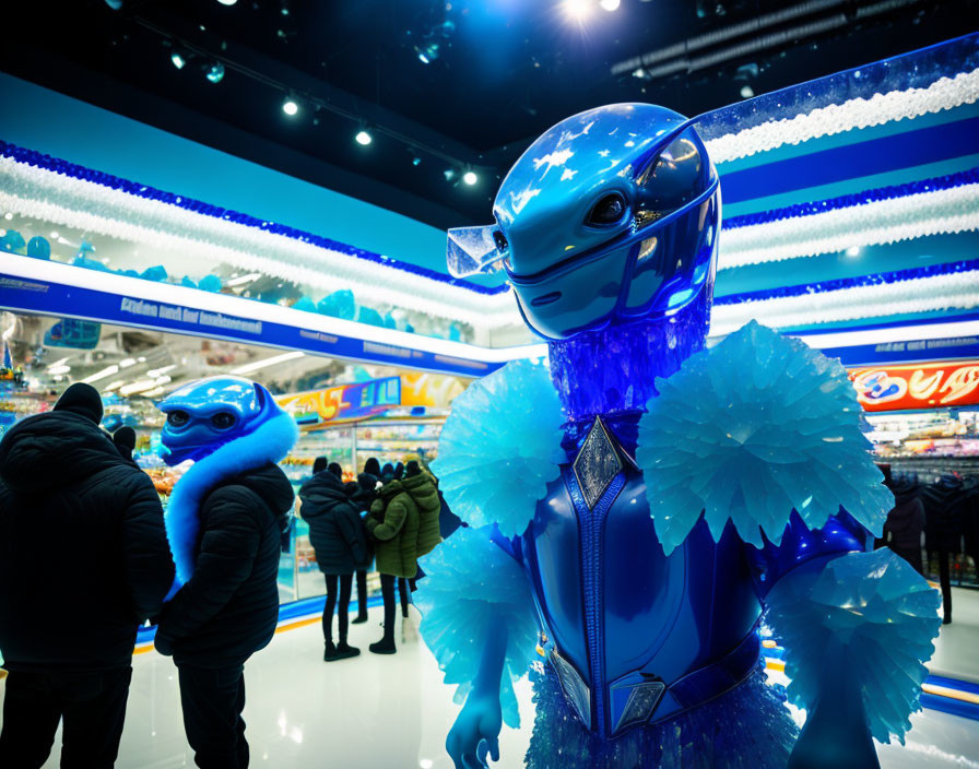 Blue futuristic robot in illuminated store setting