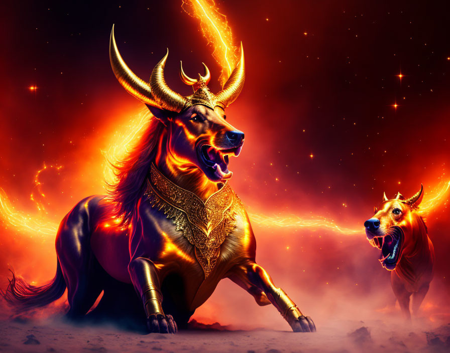 Fiery mythical bovine creatures in dramatic digital art