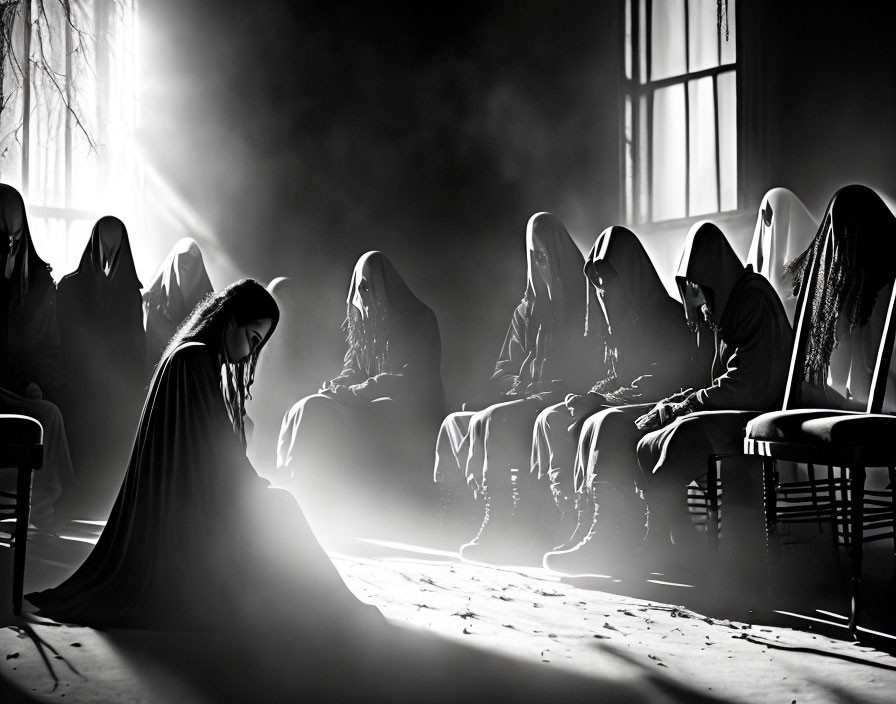 Robed Figures Sitting in Dimly Lit Room