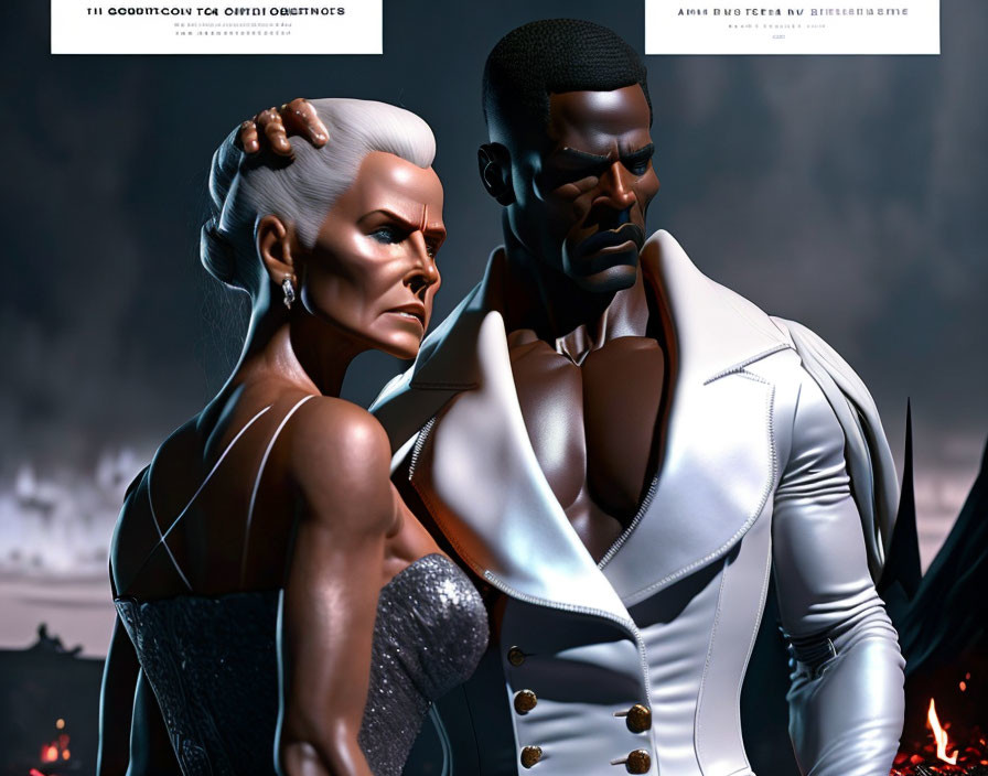 Stylized 3D animation characters: female with white hair in black dress, male in white