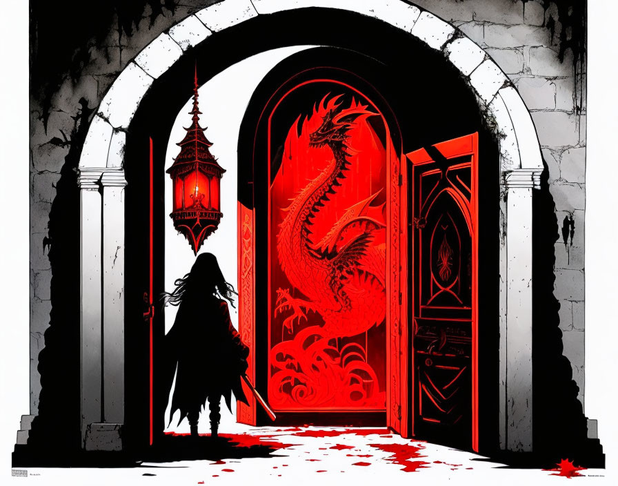 Mysterious silhouette by ornate red dragon door and lantern