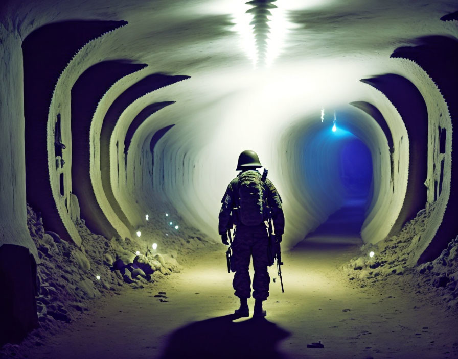 Fully equipped soldier in illuminated underground tunnel with curved walls.