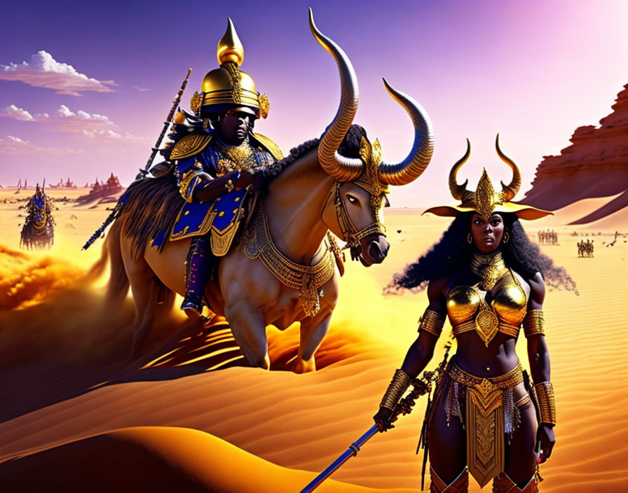 Stylized warrior on bull & female figure with spear in golden desert landscape