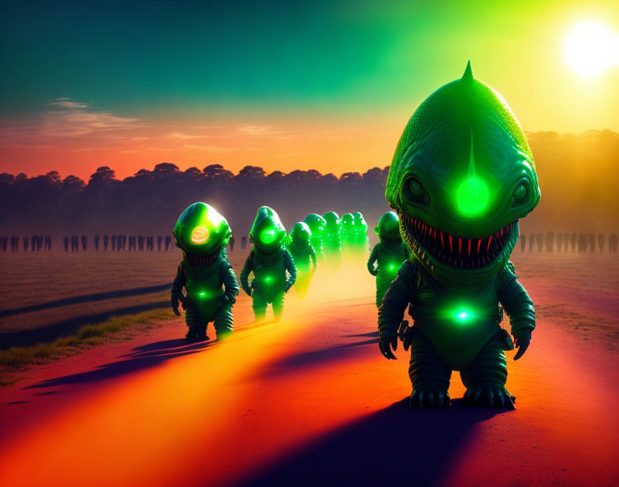 Fictional green creatures with large heads and eyes marching at sunset