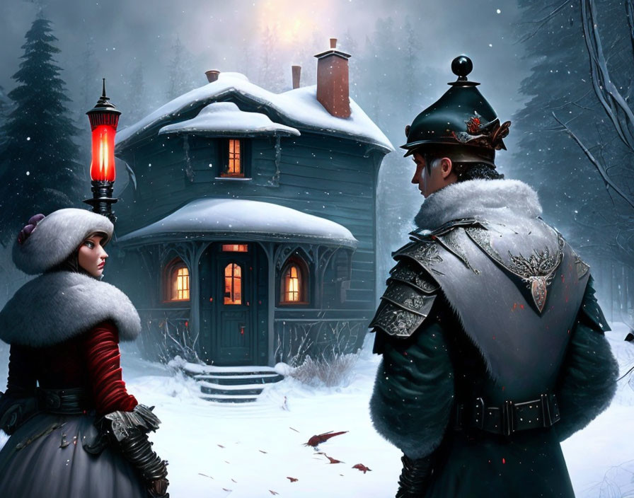 Couple in winter clothing by snow-covered house with red lantern.