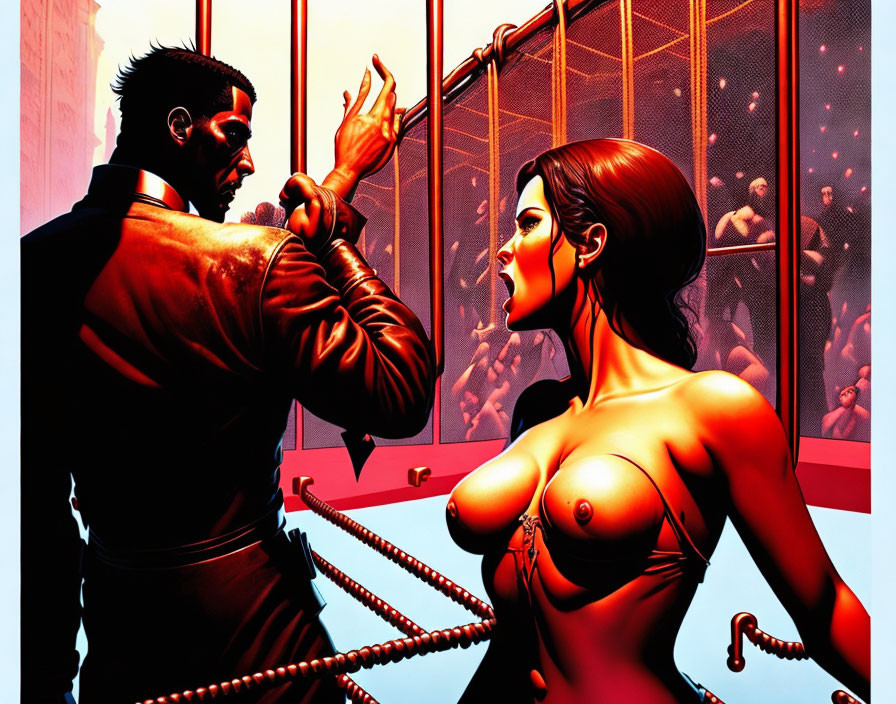 Man in coat and woman in revealing top by a caged fighting area.