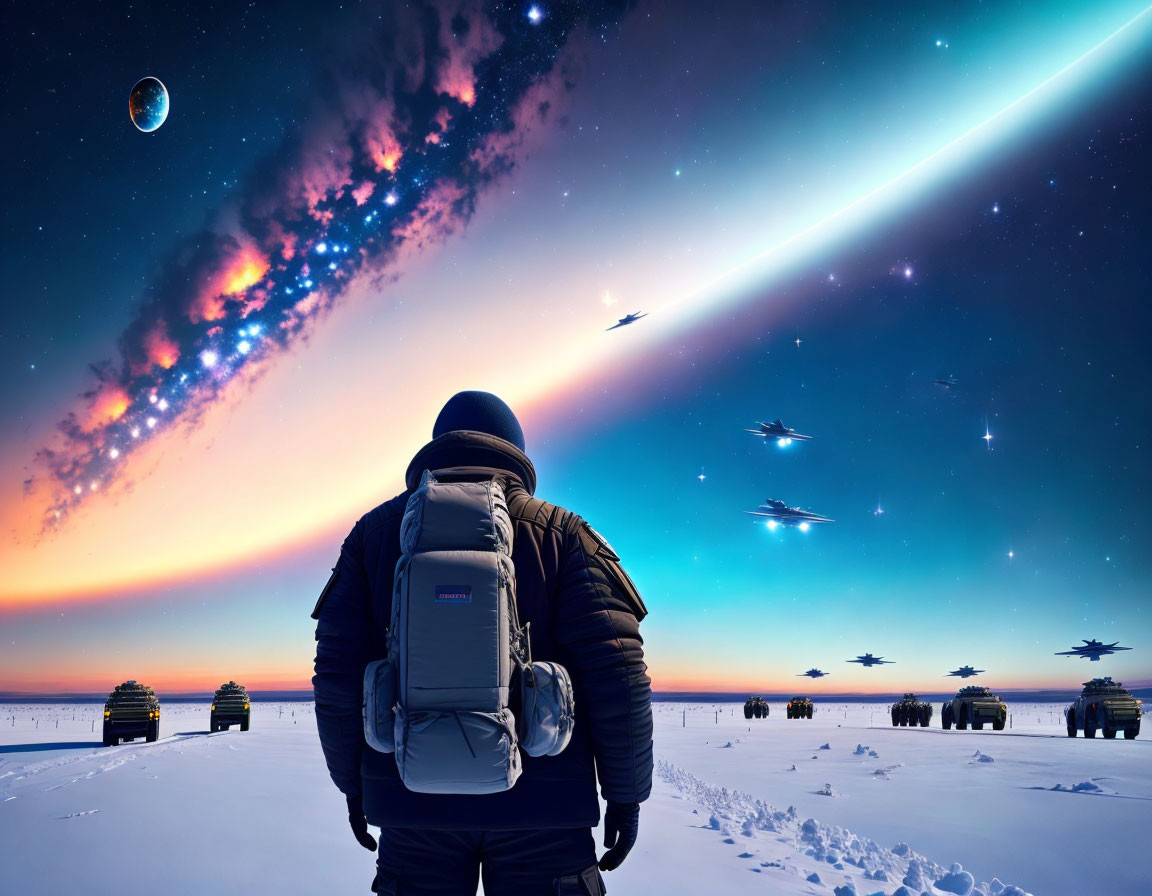 Person with backpack gazes at colorful celestial event in snowy landscape