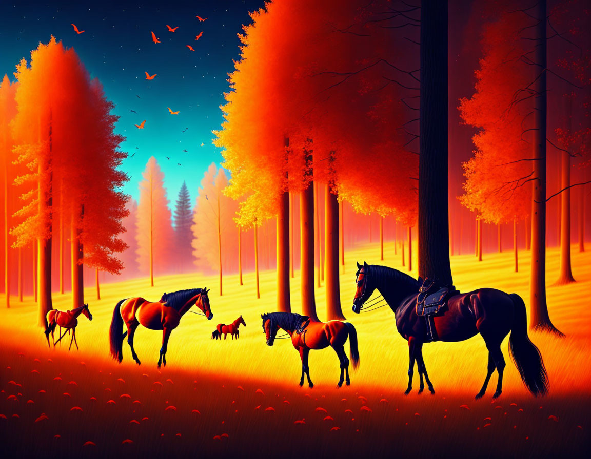 Colorful Horse Art in Surreal Autumn Forest