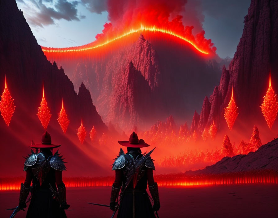 Armored figures in volcanic landscape with flowing lava