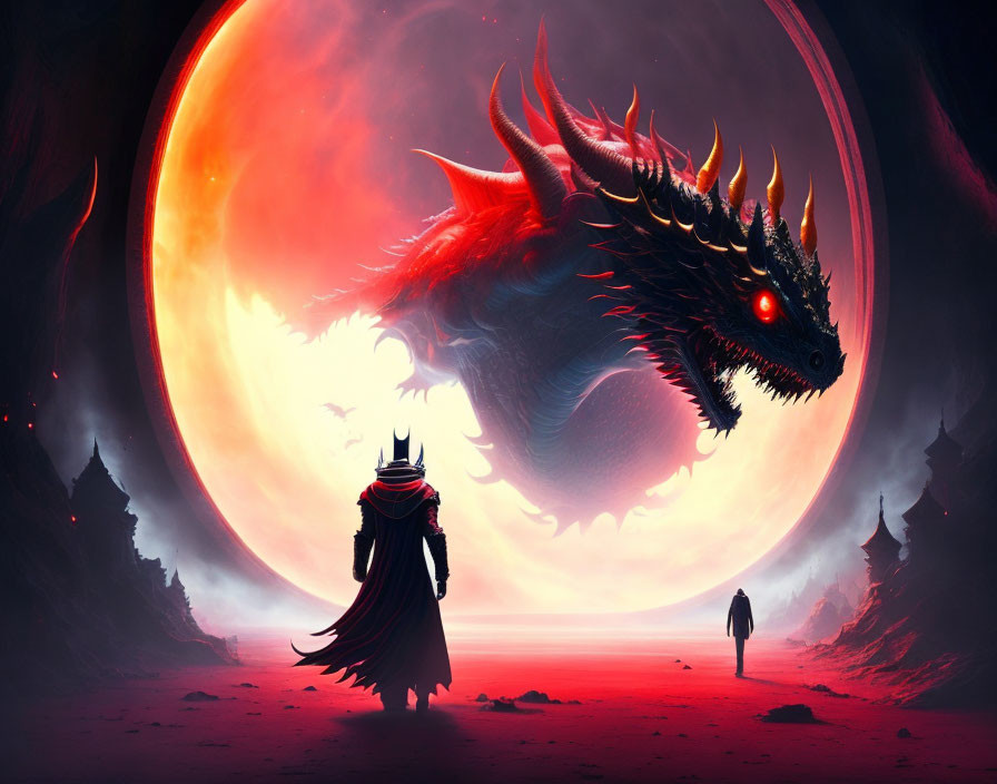 Menacing dragon and cloaked figure under red moon in surreal landscape