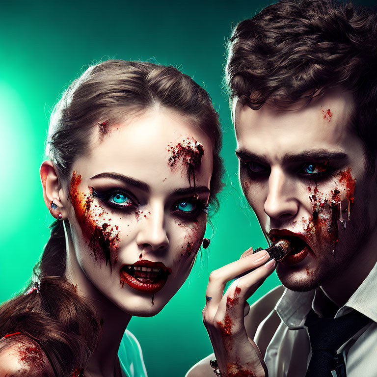 Man and woman with zombie-like makeup in horror-themed scene applying dark lipstick