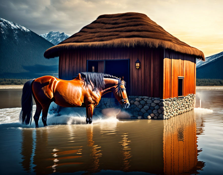 Horse by Thatched-Roof Hut on Water's Edge at Dusk