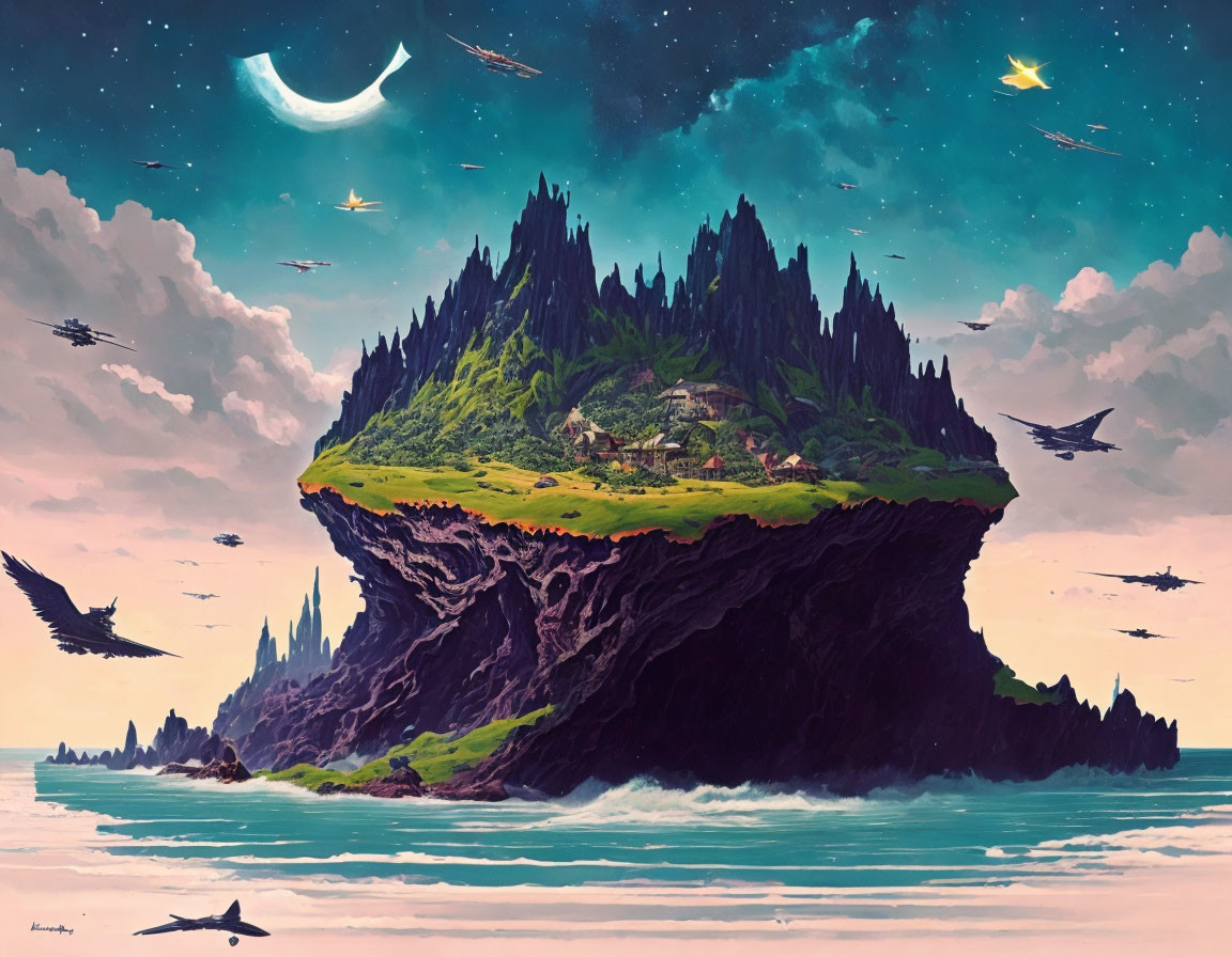 Floating island with lush greenery above ocean cliffs under surreal sky