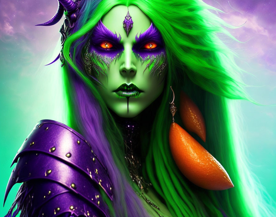 Fantasy illustration of female character with green skin, purple armor, long green hair, and glowing purple