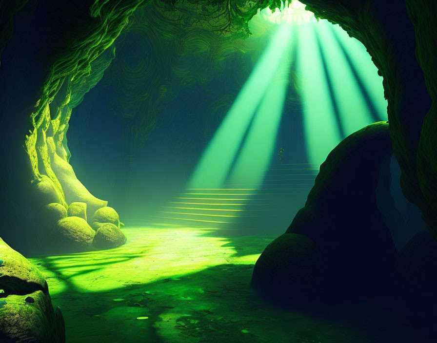 Mystical green-lit cave with sunbeams and steps