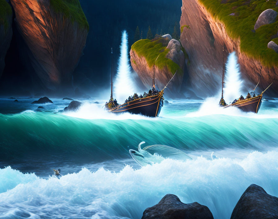 Viking ships sailing in teal waters with glowing light & cliffs