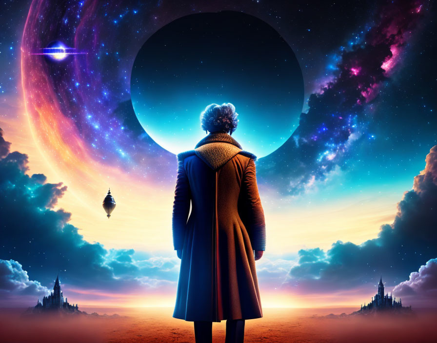 Person in coat views surreal cosmic scene with black hole, spaceships, and nebulae in sunset