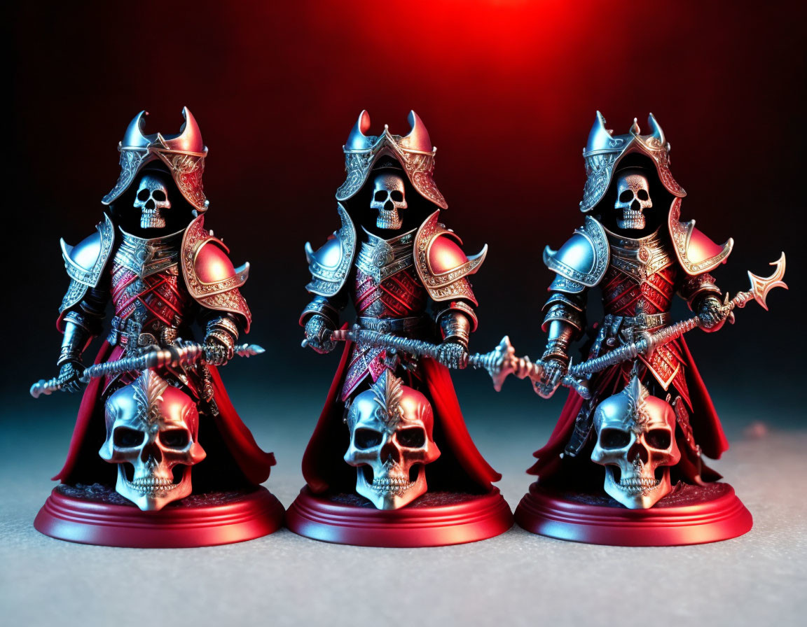 Ornate armor skeletal knight figurines on red and black gradient background